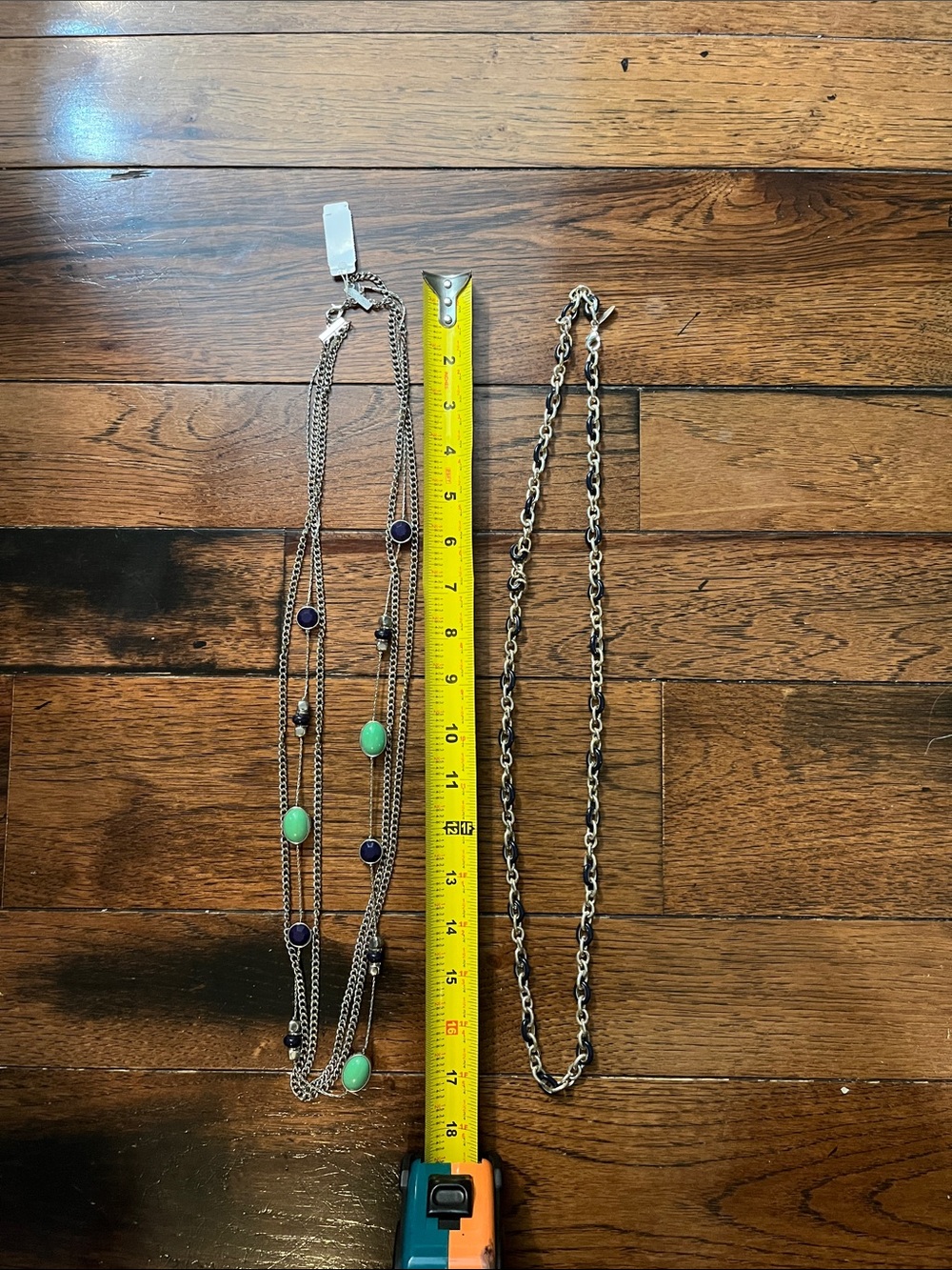 New York & Company Silver Multi-Strand Necklace with Green and Navy Beads